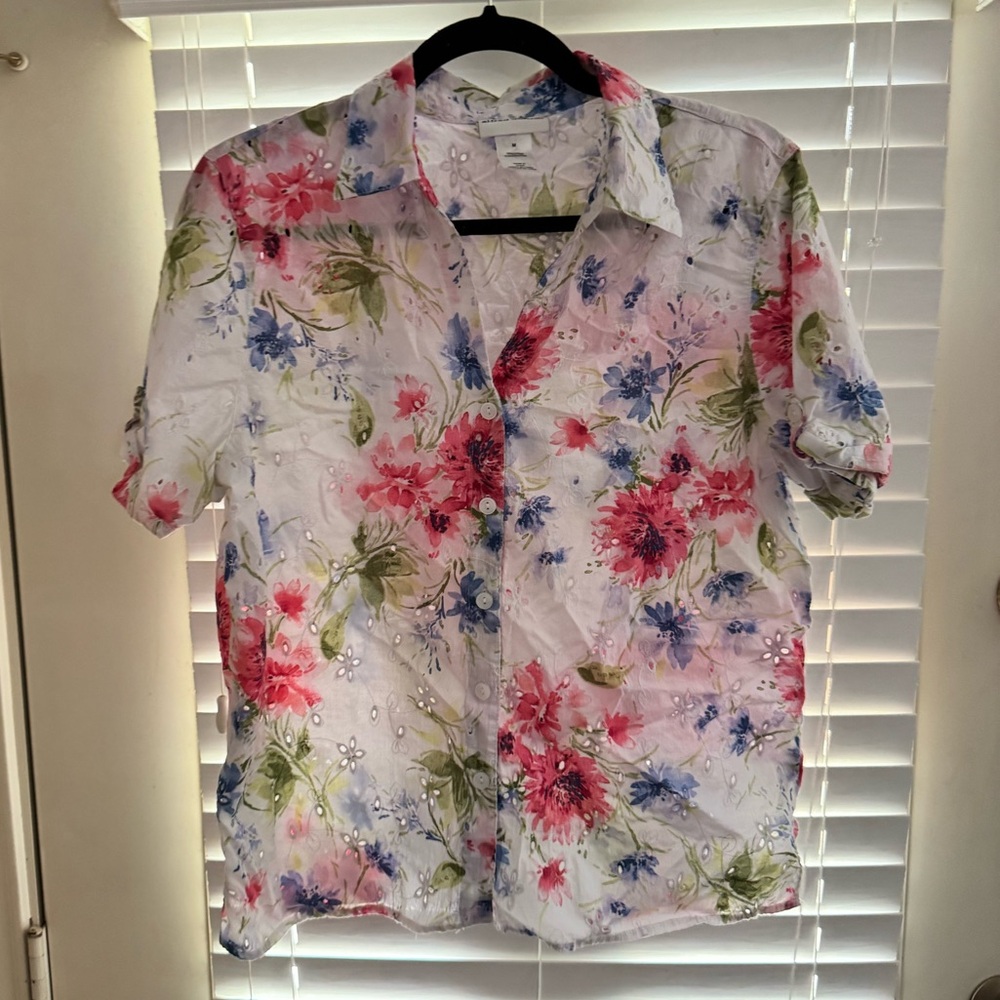 Floral Short-Sleeve Button-Up Shirt - White with Pink & Blue Flowers